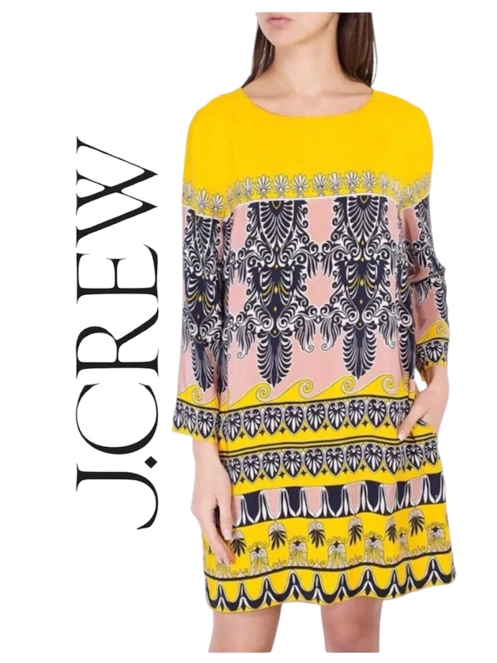 J. Crew Jules 100% Silk Medallion Paisley Sheath Dress Long Sleeves Yellow Navy